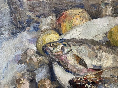fig 4. Two Fish on a Plate - Antique Oil Painting