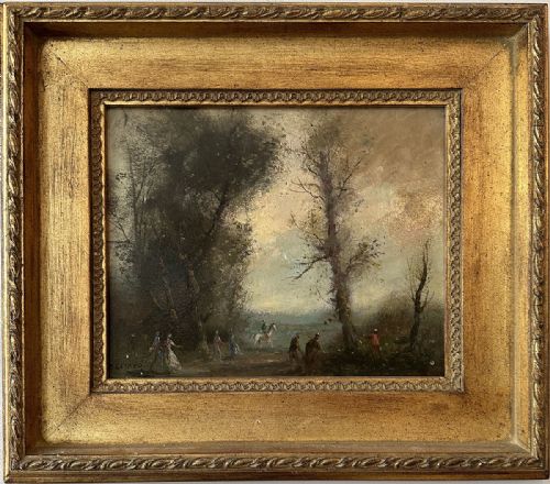 fig 1. An antique oil painting depicting figures and a rider on horseback strolling through a woodland park scene with mature trees.