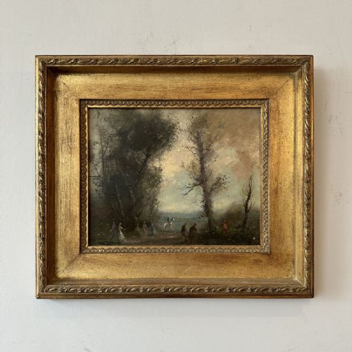 fig 2. An antique oil painting depicting figures and a rider on horseback strolling through a woodland park scene with mature trees.