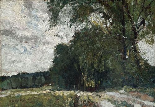 fig 1. An impressionist oil painting depicting a summer landscape with mature green trees, a grassy field, and a heavily textured grey sky.