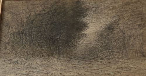 fig 3. An antique monochrome charcoal drawing depicting a dense wooded landscape set within a beige mount and an ornate gilt frame.