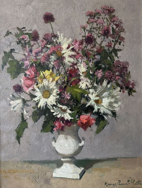 Flowers in a White Vase - Antique Oil Painting