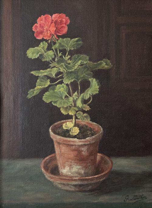 Geranium in a Pot - Antique Oil Painting