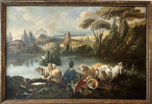fig 1. An antique oil painting depicting a shepherdess surrounded by sheep and goats at a riverbank, with a fortress and foliage visible in the background.