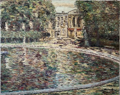 Pond in Front of a Chateau - Antique Oil Painting