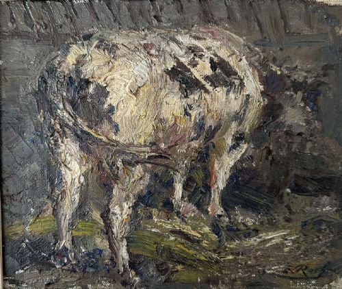 Cow in a Barn - Antique Oil Painting