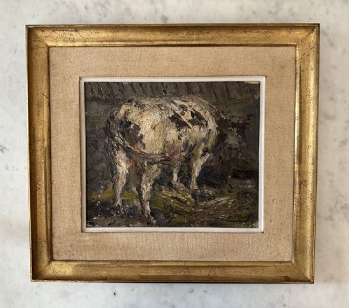 fig 1. Cow in a Barn - Antique Oil Painting
