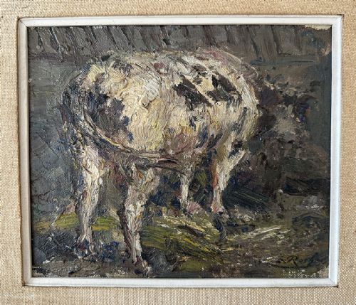 fig 2. Cow in a Barn - Antique Oil Painting