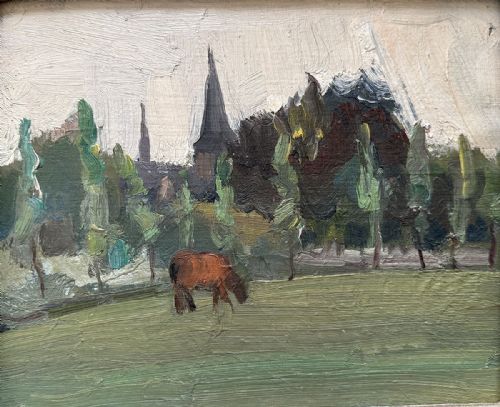 Village View in Summer - Antique Oil Painting