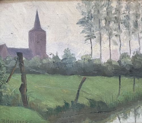 Church Near a River - Antique Oil Painting