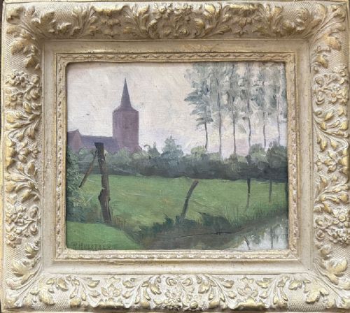 fig 1. Church Near a River - Antique Oil Painting