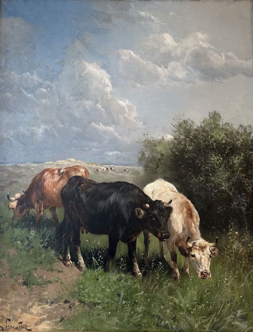 Cattle Grazing - Antique Oil Painting