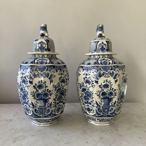 Pair of Blue and White Covered Vases