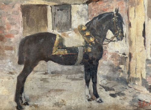 Black Cavalry Horse - Antique Oil Painting