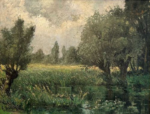 View of a Lake - Antique Oil Painting