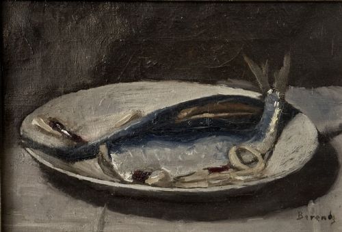 Mackerel on a Plate - Antique Oil Painting