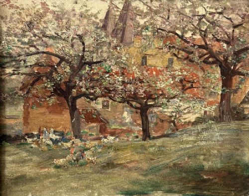 Chickens in and Orchard - Antique Oil Painting