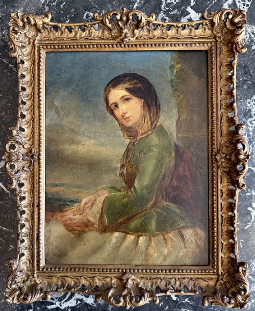 fig 1. An antique oil portrait depicting a young woman in a green dress and brown head covering seated against a landscape backdrop.