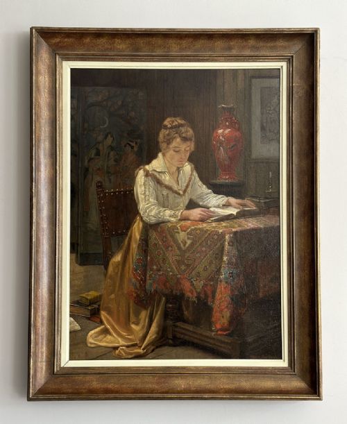 fig 1. Portrait of a Lady Reading - Antique Oil Painting
