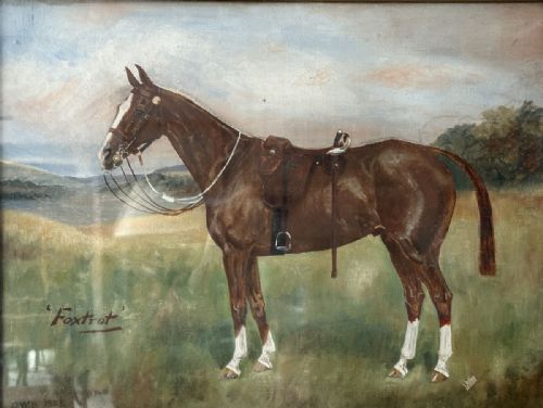 Chestnut Military Horse - Antique Oil Painting