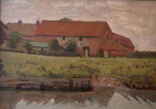 House with a Red Roof - Antique Oil Painting