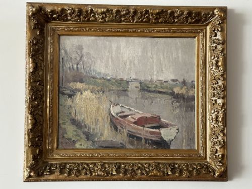 fig 1. An impressionist oil painting depicting a wooden boat moored alongside reed beds on a grey riverbank.