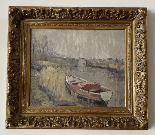 fig 2. An impressionist oil painting depicting a wooden boat moored alongside reed beds on a grey riverbank.