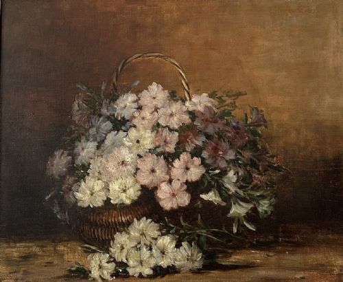 Flowers in a Basket - Antique Oil Painting