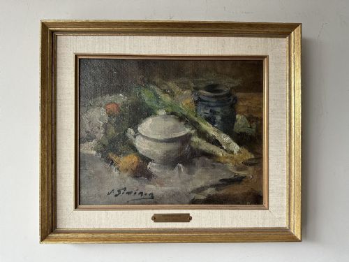 fig 1. An antique oil painting on canvas depicting a kitchen still life with a white ceramic tureen, leeks, and a blue pot against an earthy brown background.