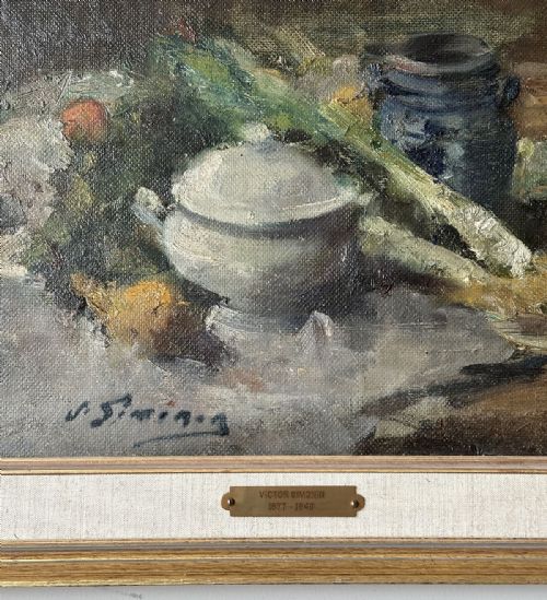 fig 2. An antique oil painting on canvas depicting a kitchen still life with a white ceramic tureen, leeks, and a blue pot against an earthy brown background.