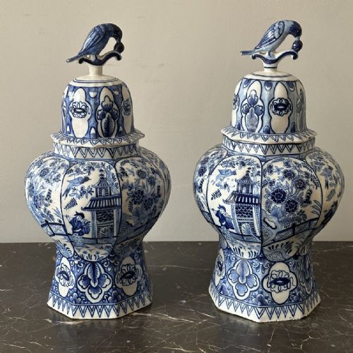Pair of Delft Vases with Covers