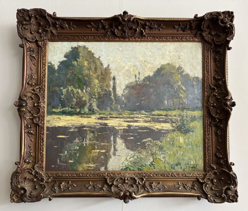 fig 1. An oil painting depicting a calm lake bordered by dense trees and vegetation under a muted sky, rendered with textured brushwork.