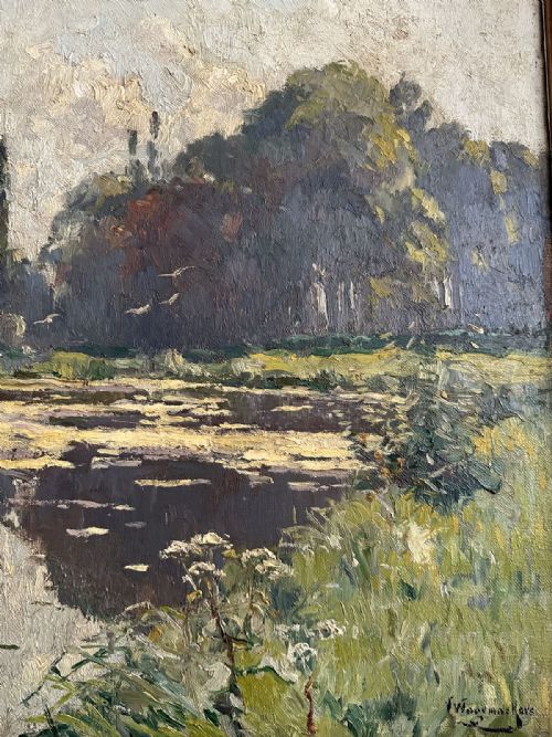 fig 2. An oil painting depicting a calm lake bordered by dense trees and vegetation under a muted sky, rendered with textured brushwork.