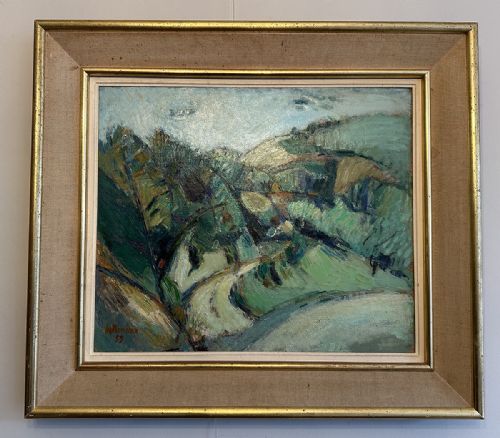 fig 1. A mid-century French oil painting depicting rolling green hills and a winding path under a pale blue sky.
