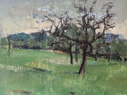 fig 1. An antique oil painting depicting bare orchard trees set against a green field under a muted grey sky.
