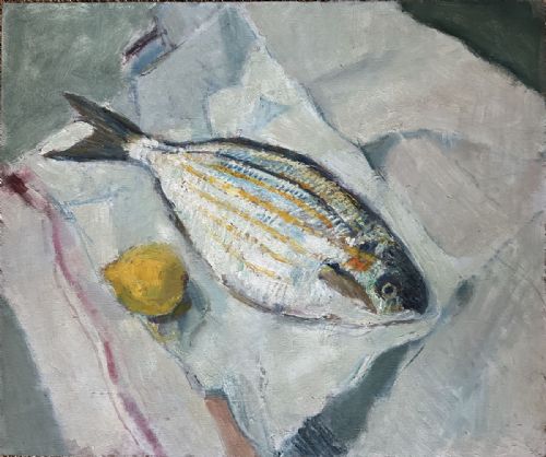 Sea Bream and Lemon - Antique Oil Painting
