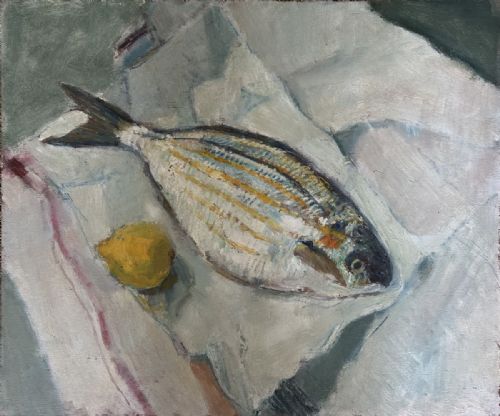 fig 1. Sea Bream and Lemon - Antique Oil Painting