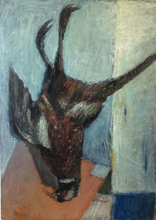 fig 1. An expressionist oil painting depicting a suspended pheasant rendered in textured brown, terracotta, and grey tones.
