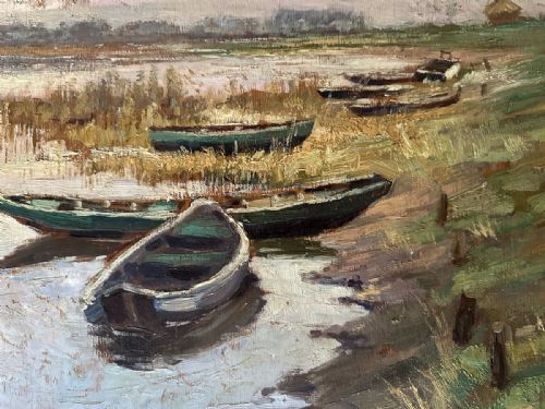 BOATS ON A RIVER ANTIQUE OIL PAINTING - ADDITIONAL PHOTO 1