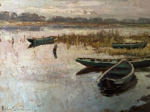 BOATS ON A RIVER ANTIQUE OIL PAINTING - ADDITIONAL PHOTO 2
