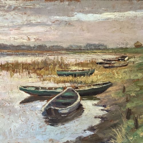 BOATS ON A RIVER ANTIQUE OIL PAINTING - ADDITIONAL PHOTO 3