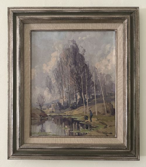fig 1. An antique oil painting depicting tall poplar trees alongside a reflective river with figures standing on the grassy bank under a cloudy sky.
