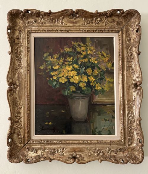 VASE OF YELLOW FLOWERS ANTIQUE OIL PAINTING - ADDITIONAL PHOTO 1