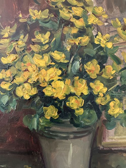 VASE OF YELLOW FLOWERS ANTIQUE OIL PAINTING - ADDITIONAL PHOTO 2