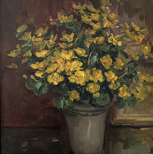VASE OF YELLOW FLOWERS ANTIQUE OIL PAINTING - ADDITIONAL PHOTO 3