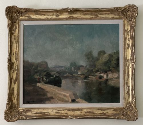BARGE ON A CANAL ANTIQUE OIL PAINTING - ADDITIONAL PHOTO 1