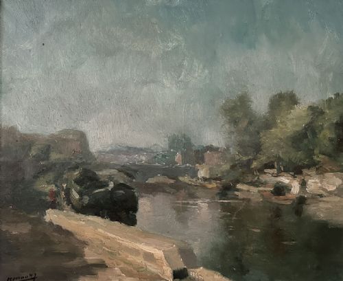 BARGE ON A CANAL ANTIQUE OIL PAINTING - ADDITIONAL PHOTO 2
