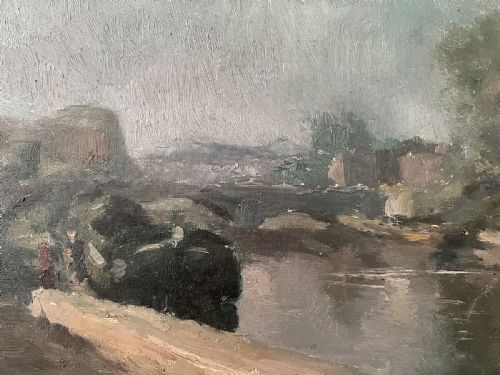 BARGE ON A CANAL ANTIQUE OIL PAINTING - ADDITIONAL PHOTO 3