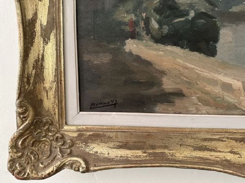 BARGE ON A CANAL ANTIQUE OIL PAINTING - ADDITIONAL PHOTO 4