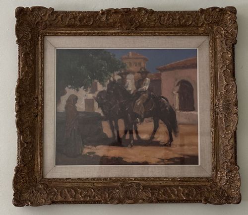 fig 1. An antique oil painting depicting two horsemen wearing broad hats on dark horses beside a woman in a shawl, set against traditional Spanish architecture.